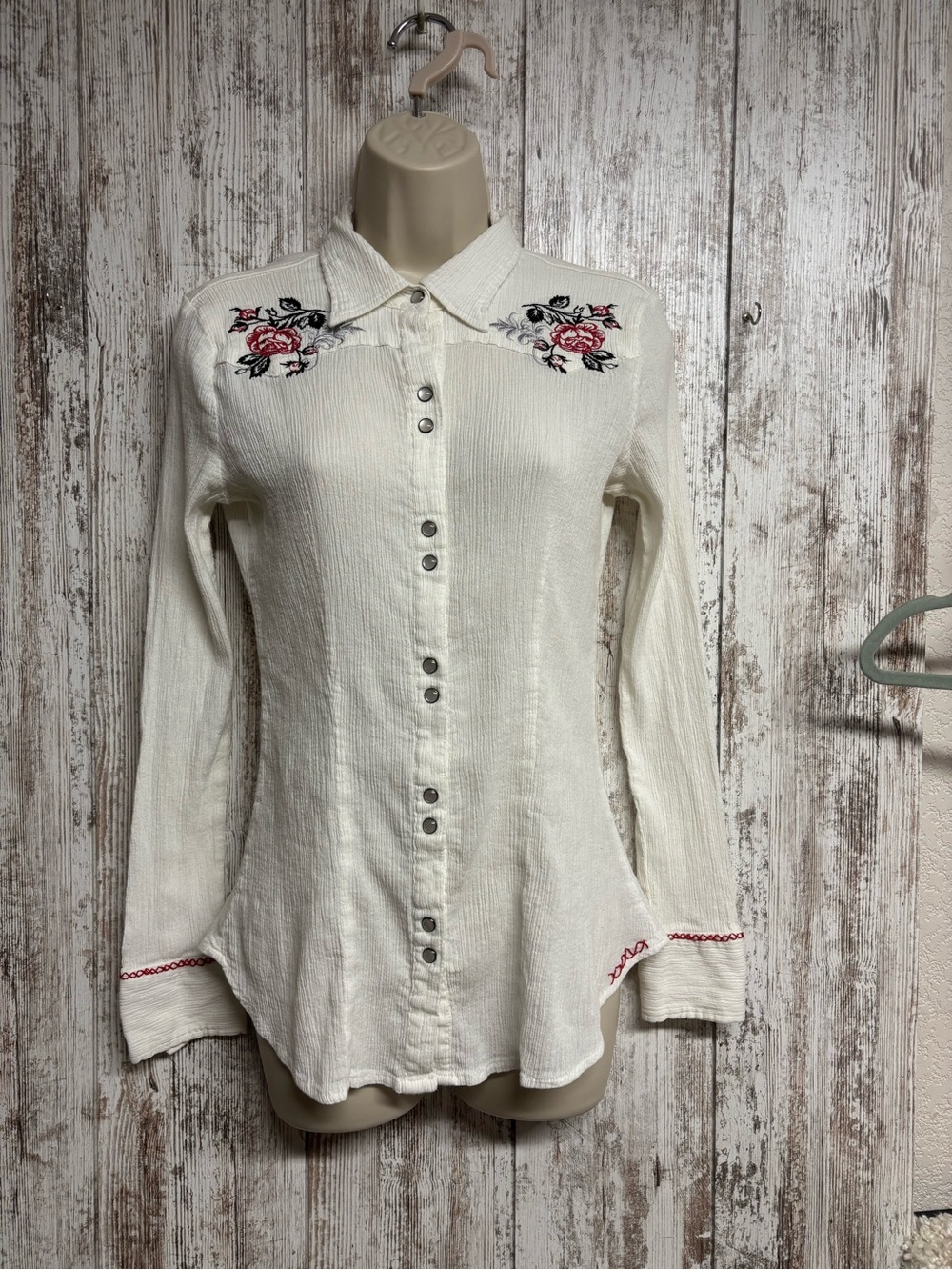 Stetson Off White Button-Front Shirt with Rose Embroidery